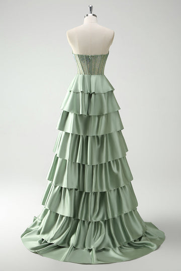 Vert Sweetheart Princesse Satin Tiered Long Corset Robe De Soirée avec Fente